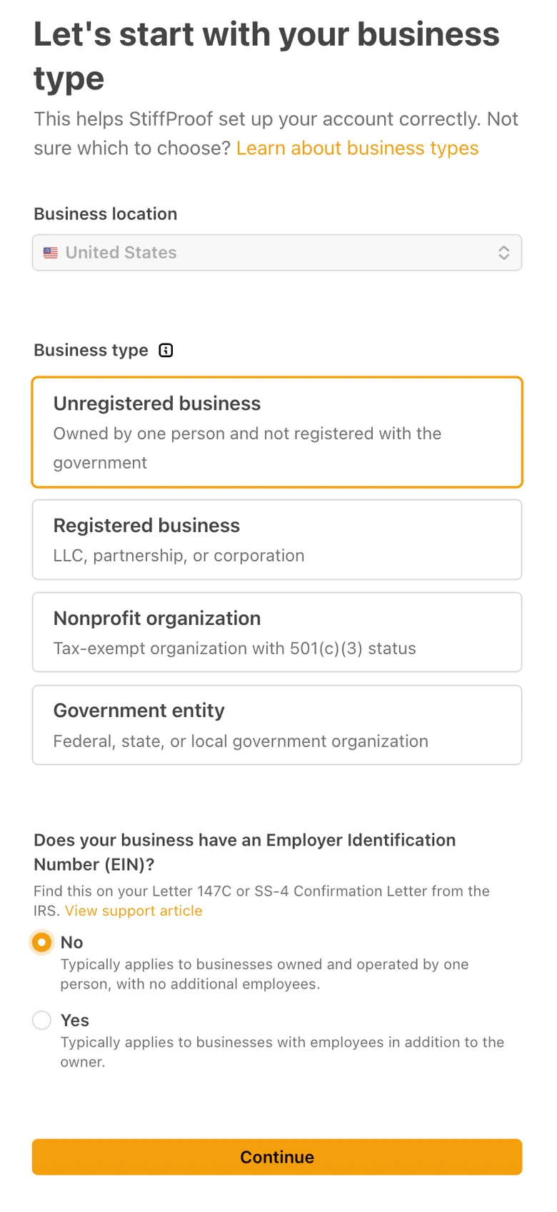 Stripe’s “Business type” screen.
