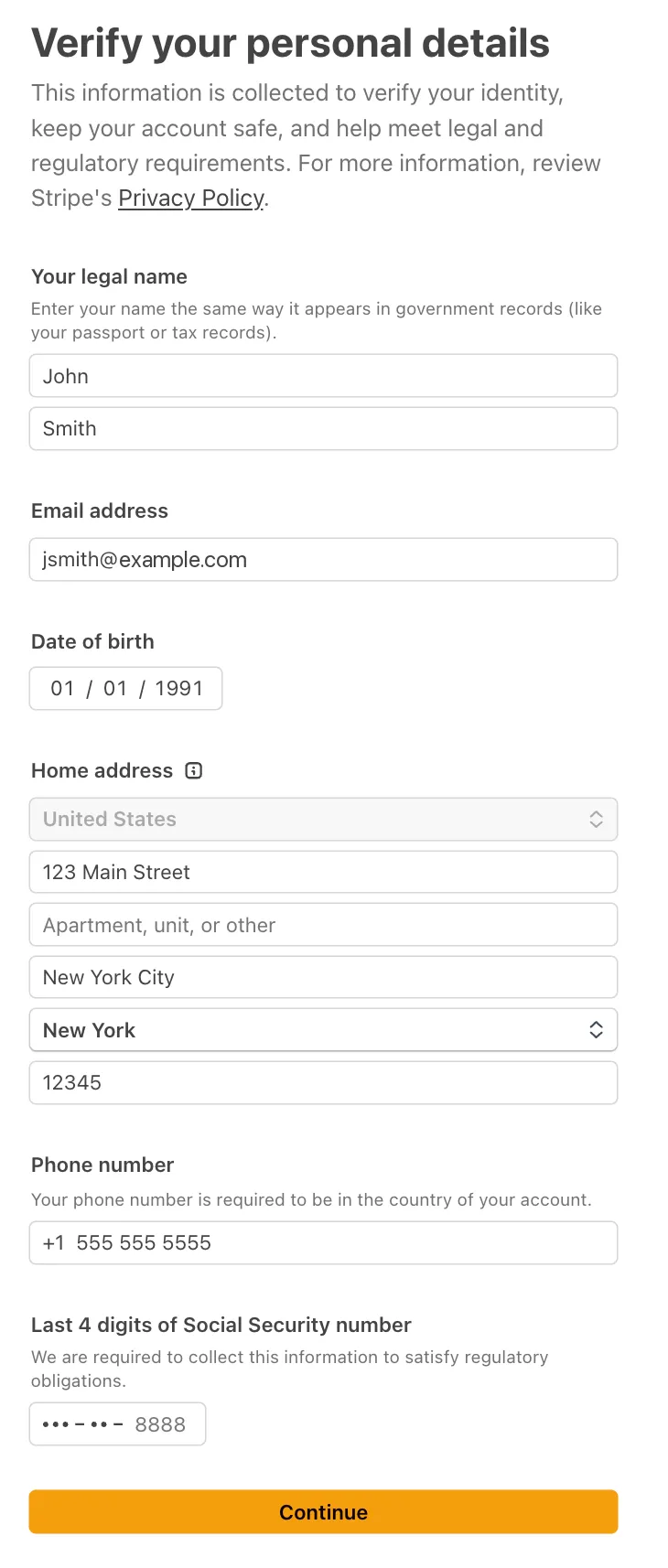 Stripe’s “Verify your personal details” screen.