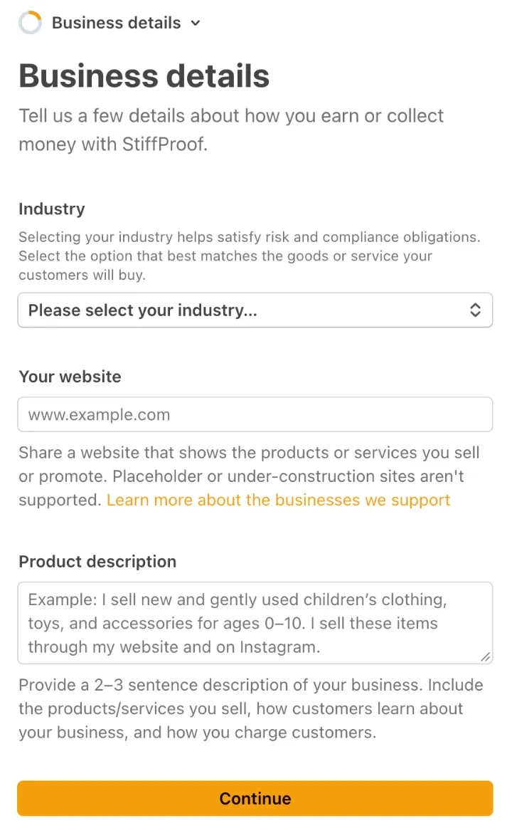 Stripe’s “Business details” screen.