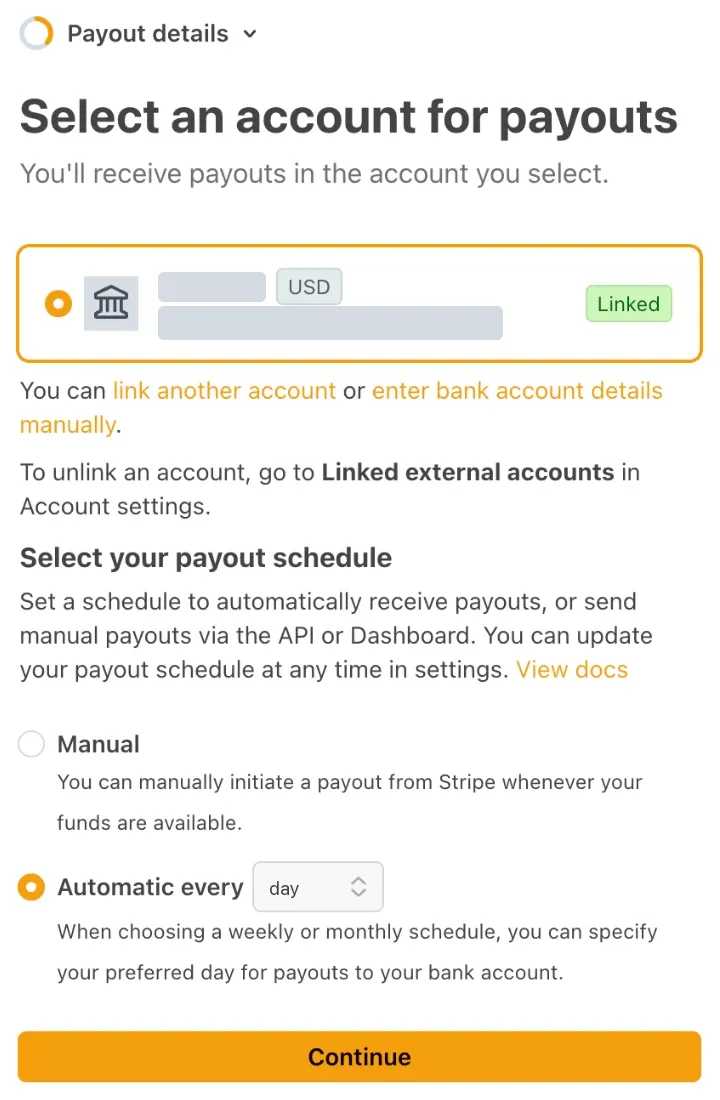 Stripe’s “Payout details” screen.