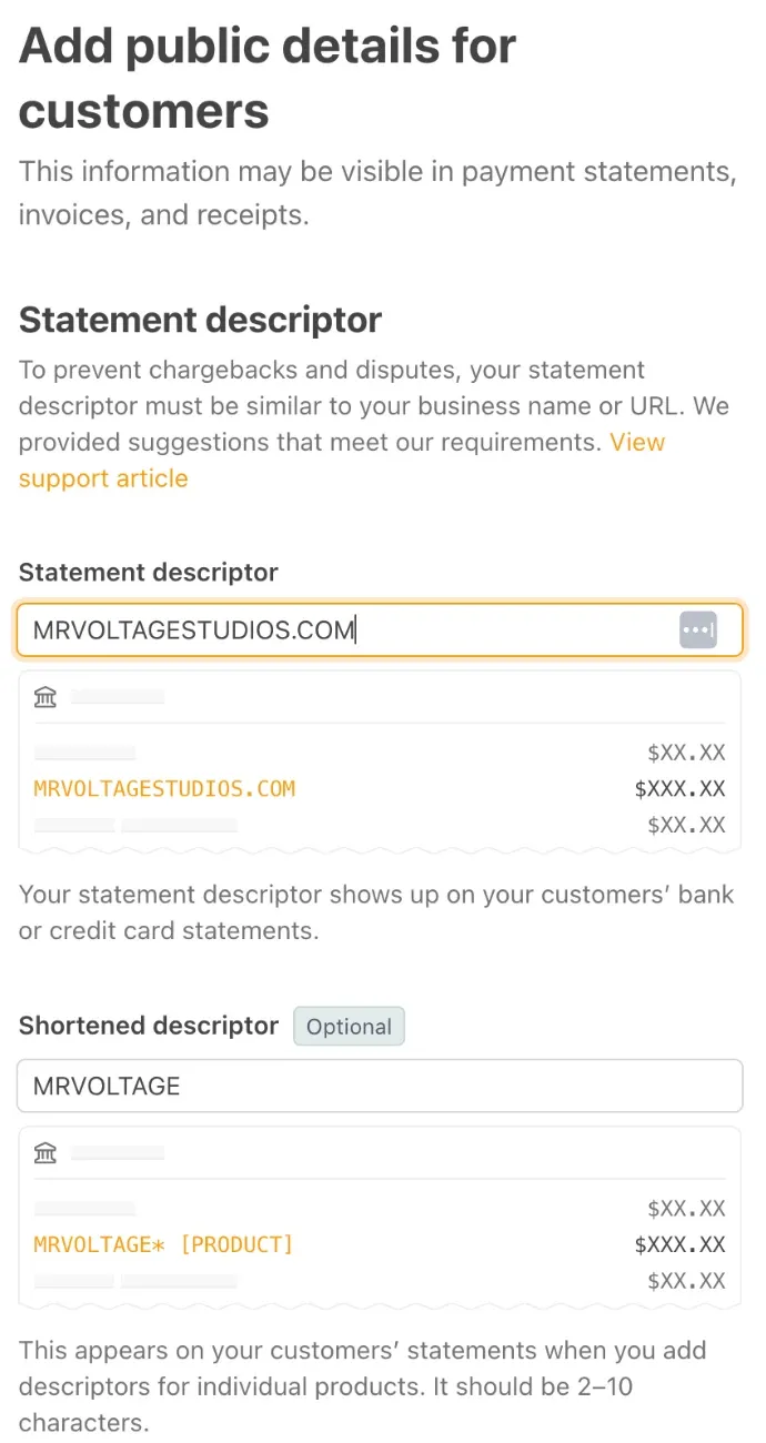 Stripe’s “Public details” screen.