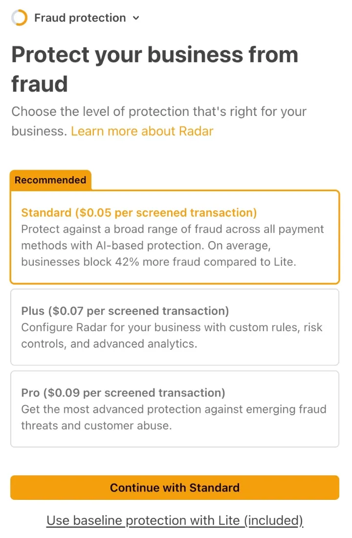 Stripe’s “Fraud protection” screen.