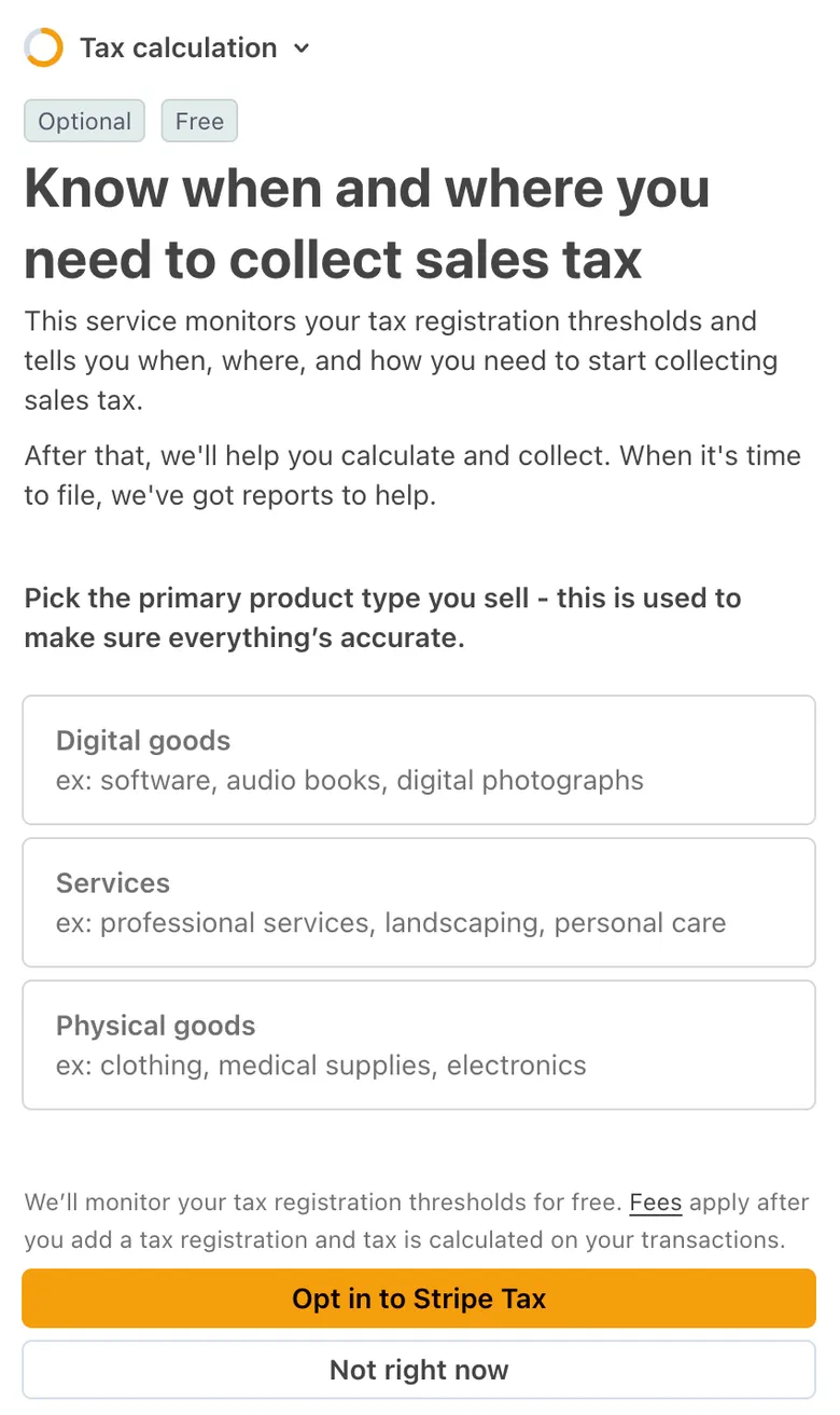 Stripe’s “Tax calculation” screen.