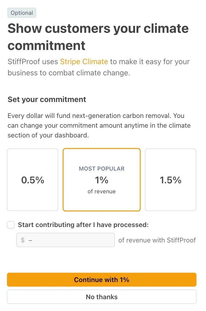 Stripe’s “Climate commitment (optional)” screen.